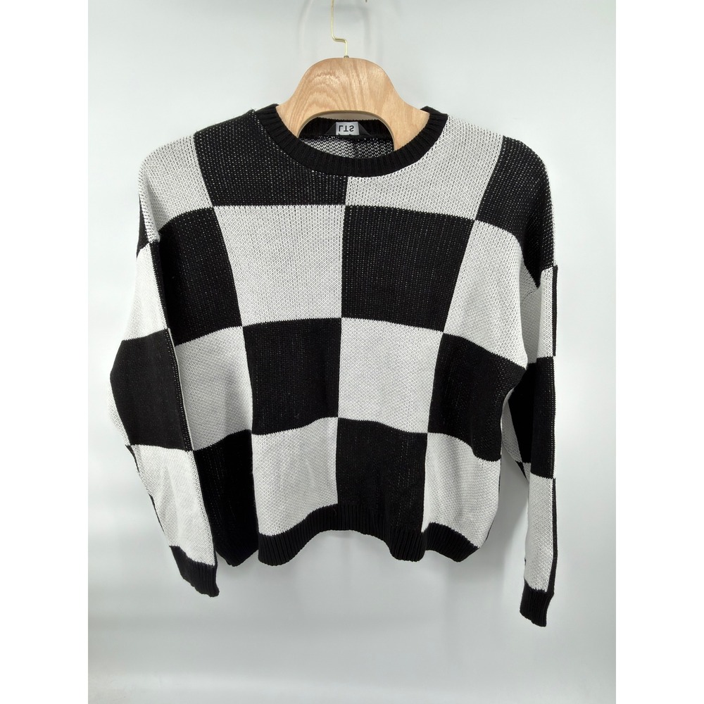 LTS Checkerboard Sweater Womens Medium Black White Knit Crewneck Retro